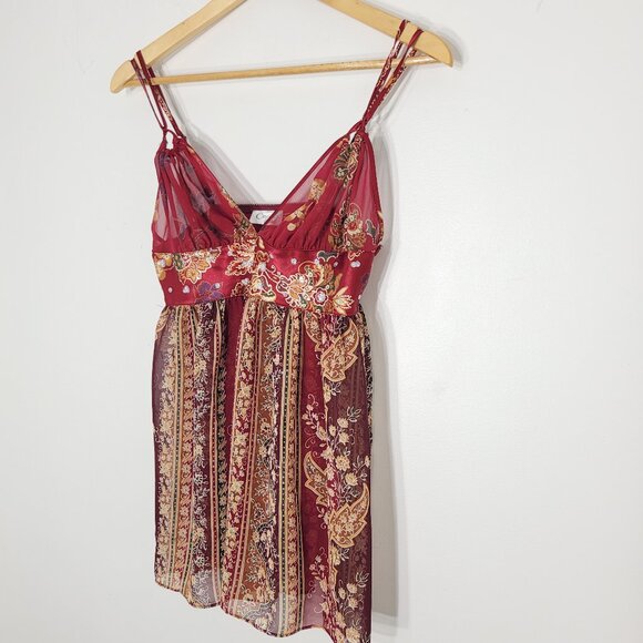 Cinema Etoile Gypsy Red Sheer Floral Bohemian Adjustable Spaghetti Straps - Picture 1 of 10